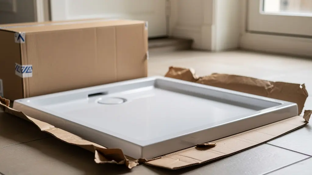 Receveur de douche en résine partiellement déballé dans une entrée