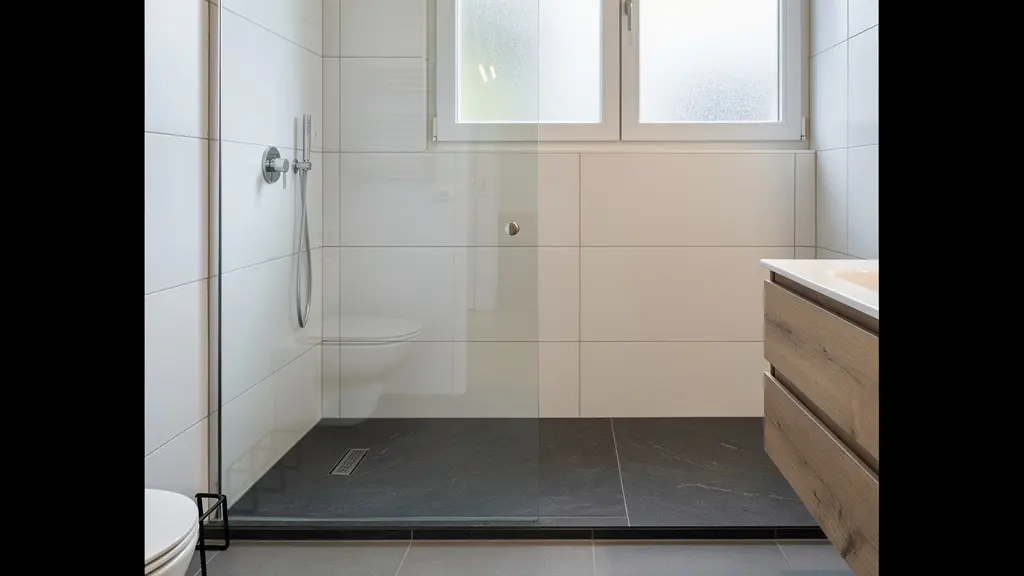 Salle de bain moderne avec receveur de douche effet ardoise et paroi vitrée